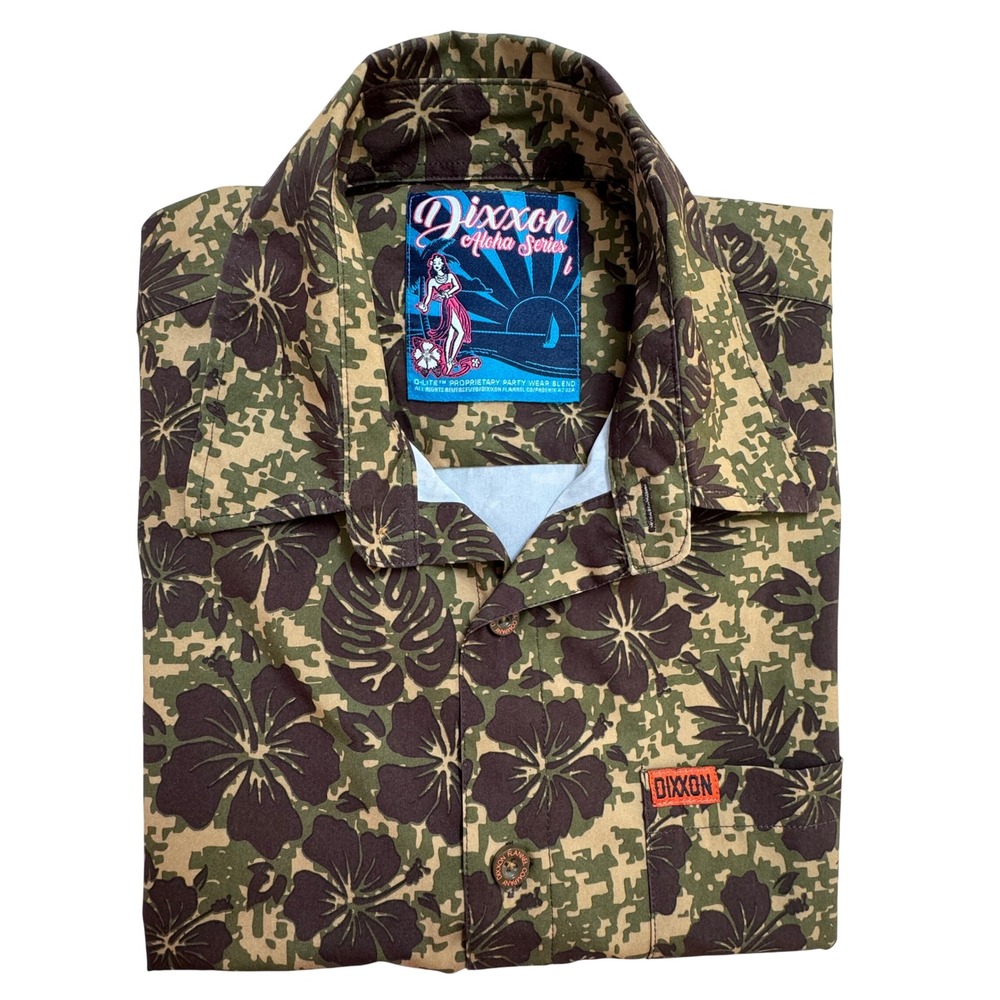 Dixxon Aloha Series Shirt L Green Brown Camo Hawaiian Floral Casual Button Down